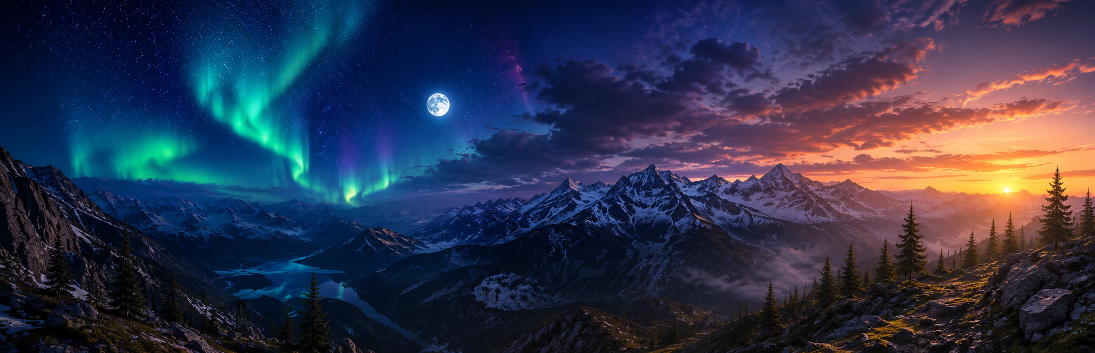 Aurora over snowy peaks fading into sunrise, from Mountain Surfer